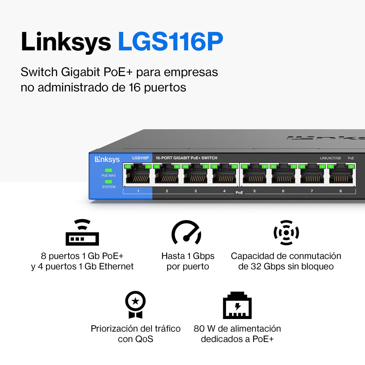 Linksys LGS116P-EU switch de red Gigabit no administrado de 16 puertos con 8 puertos PoE+, hasta 1000 Mbps, para empresas y particulares, vigilancia IP, divisor Ethernet de sobremesa