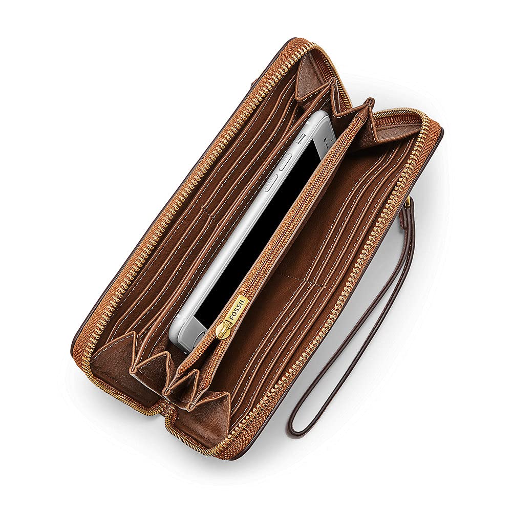 Fossil Billetero para Mujer Logan, Bolso con cremallera de PU y PVC marrón 19,7 cm largo x 1,9 cm ancho x 10,2 cm alto SL7831200