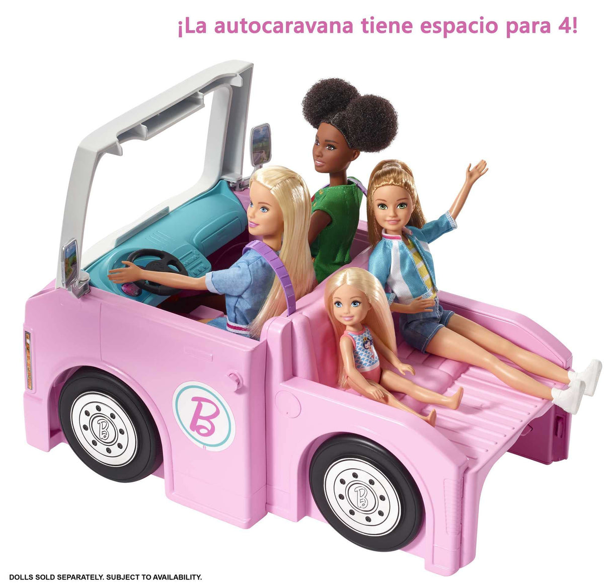 Barbie Caravana DreamCamper 3 en 1, Aprox. 1m; Autocaravana transformable con Piscina, camioneta, Barca y 50 Accesorios; para niñas y niños + 3 años, GHL93