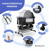 Mobiclinic®, Cuna 3 en 1, Night, Altura Ajustable, Colchón, Mosquitera, Ruedas 360º, Correas de Sujeción, Cesta de Almacenamiento, hasta 20 kg, Negro
