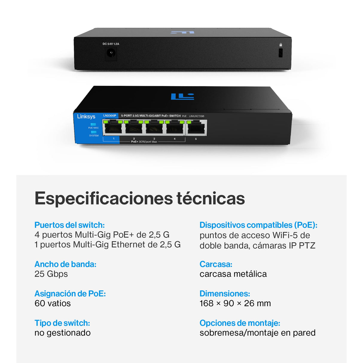 Switch PoE+ multigigabit Linksys no administrado de 5 Puertos y 2,5 G | Ethernet bajo Consumo | Control dúplex Completo | Oficinas pequeñas y domésticas | Sin Ventilador y metálico | PoE+ de 60 W