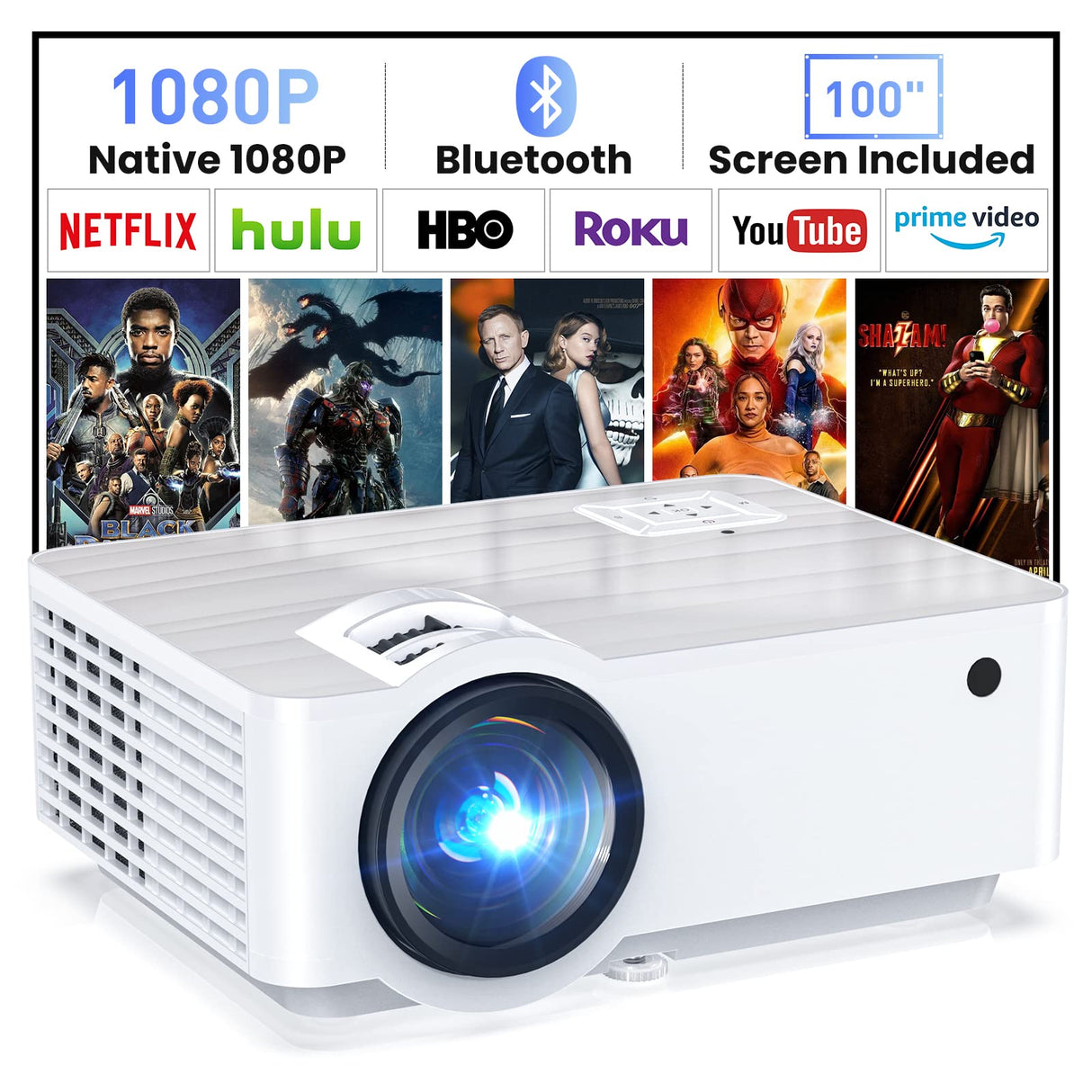 HOPVISION Proyector, Nativo 1080P 4K 9500 Lúmenes Mini Proyector Multimedia Teatro en casa Bluetooth 5.1 con Pantalla de 100 Pulgadas Compatible con HDMI, USB, AV, Smartphone