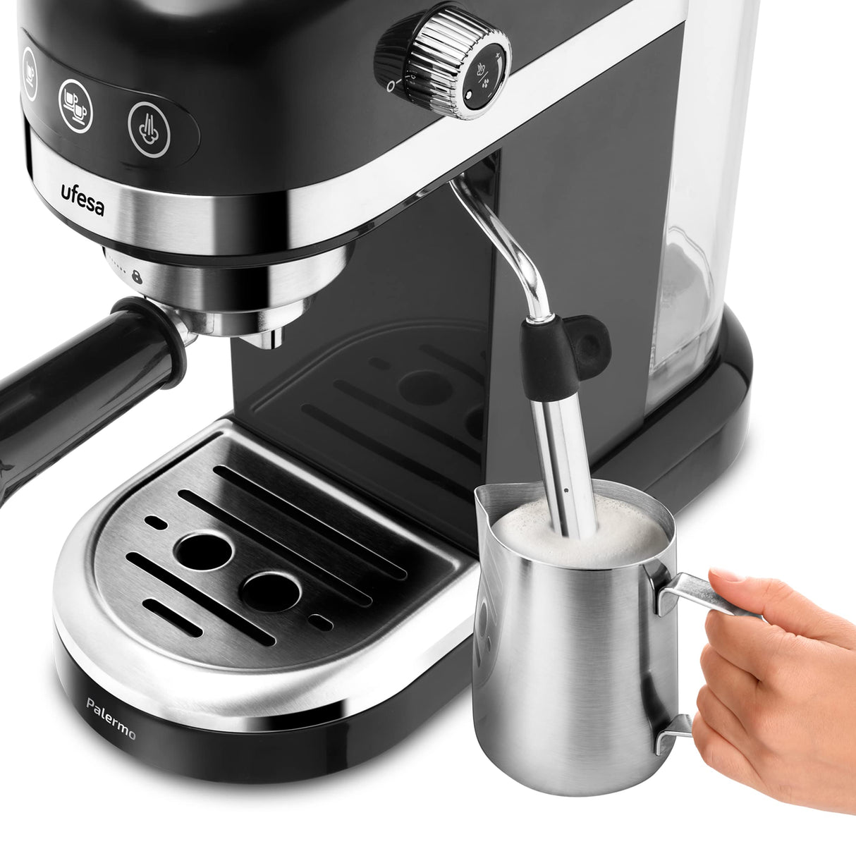 Ufesa Palermo Cafetera Espresso y Capuccino, 20 Bares, 1350W, Panel Táctil, Vaporizador Orientable, Sistema Thermoblack, Depósito 1.4 l, Apagado automático
