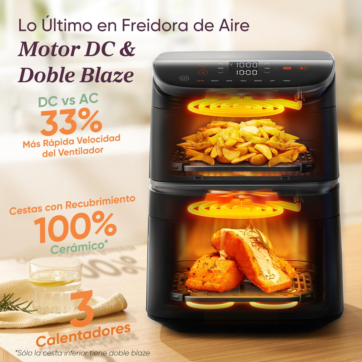 Cosori Turbo Tower Pro Freidora de Aire 10.8L 2630W, Revestimiento Cerámico y Doble Cesta, Tecnología Avanzada con Motor DC y Dual Blaze, Ahorro de Energía y Más Rápida, 7 Funciones, Ahorra de Espacio