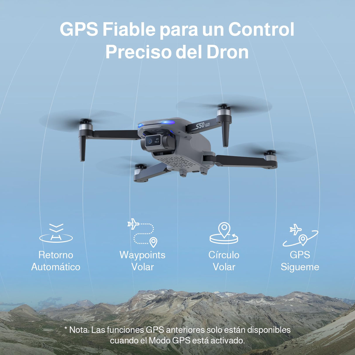 Ameta Drone con Camara 4K Adultos, S50 Lite GPS Profesional Dron con Cámara/Retorno Automático/ 50 Minutos de Vuelo/Sigueme/Modos Inteligentes/Gestos Control/ 500m Alcance, Menos de 249g