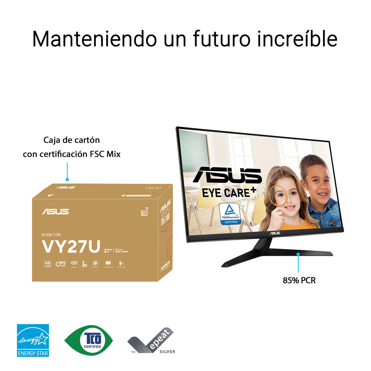 ASUS VY27UQ Monitor Eye Care de 27 Pulgadas 4K, 3840 x 2160, IPS, HDR-10, Adaptive Sync, tecnología Eye Care Plus, Filtro de luz Azul, antiparpadeo, Tratamiento Antibacteriano