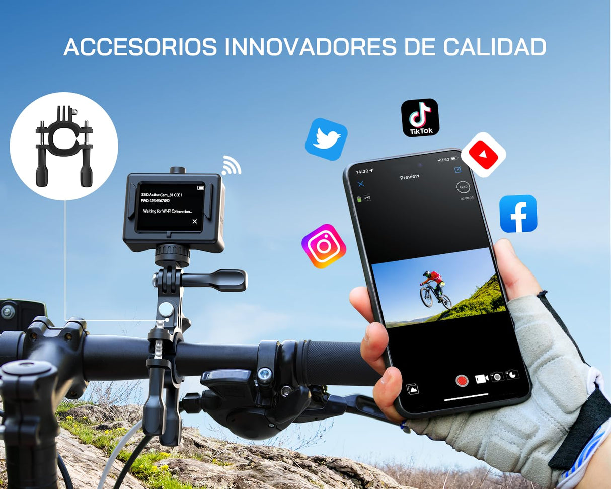 WOLFANG GA300 Cámara Acción 4K, Submarina 40m Impermeable con Tarjeta 32GB, WiFi 60FPS 24MP, Zoom 8X + Gran Angular 170° EIS, Mando 2.4G, Pantalla Táctil, 2 Baterías 1350mAh