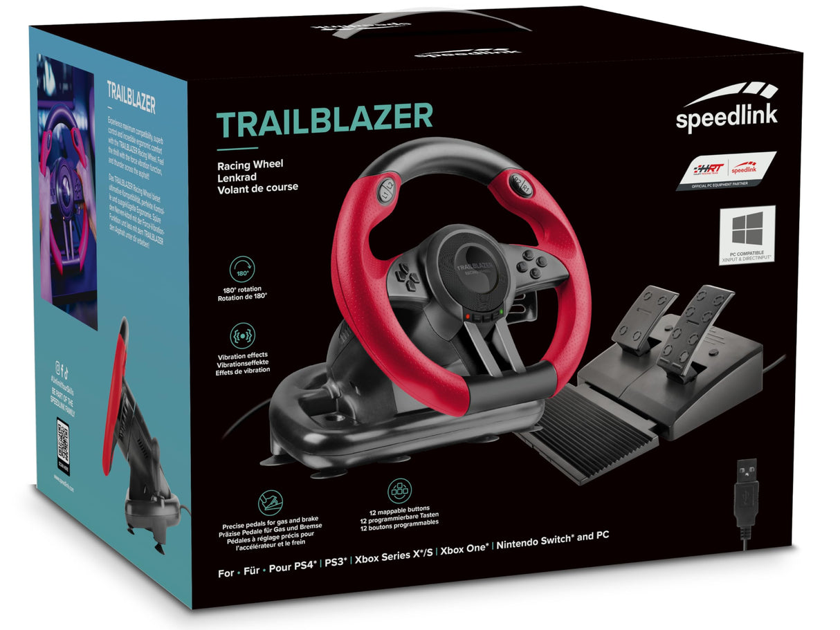 Speedlink TRAILBLAZER Racing Wheel - Volante para gaming para PS3/PS4, Xbox Series X/S/One y PC, levas de cambio y palanca de cambios, pedales ajustables, negro-rojo