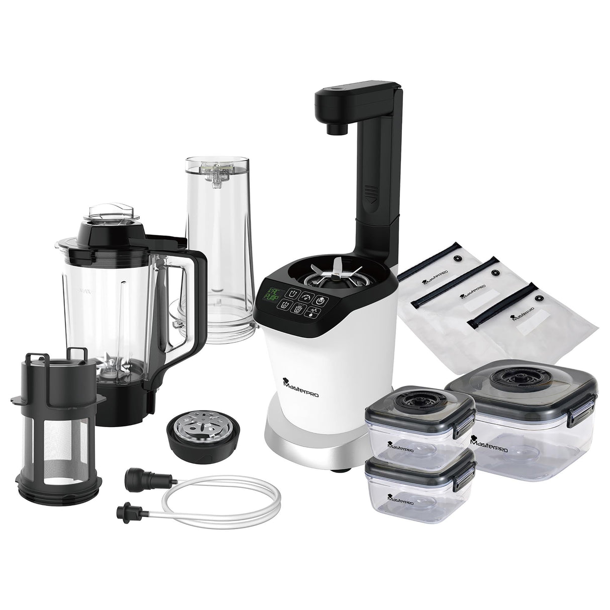 MasterPRO Trio Nutrimix - Kit Mezclador 3en1 - Juego de Batidora al Vacío - Panel Deluxe - Motor 127V hasta 20.000 RPM - Bomba De Vacío Desmontable - Jarra Calefactora Tritan 1,5L - Vaso Tritan 700ml