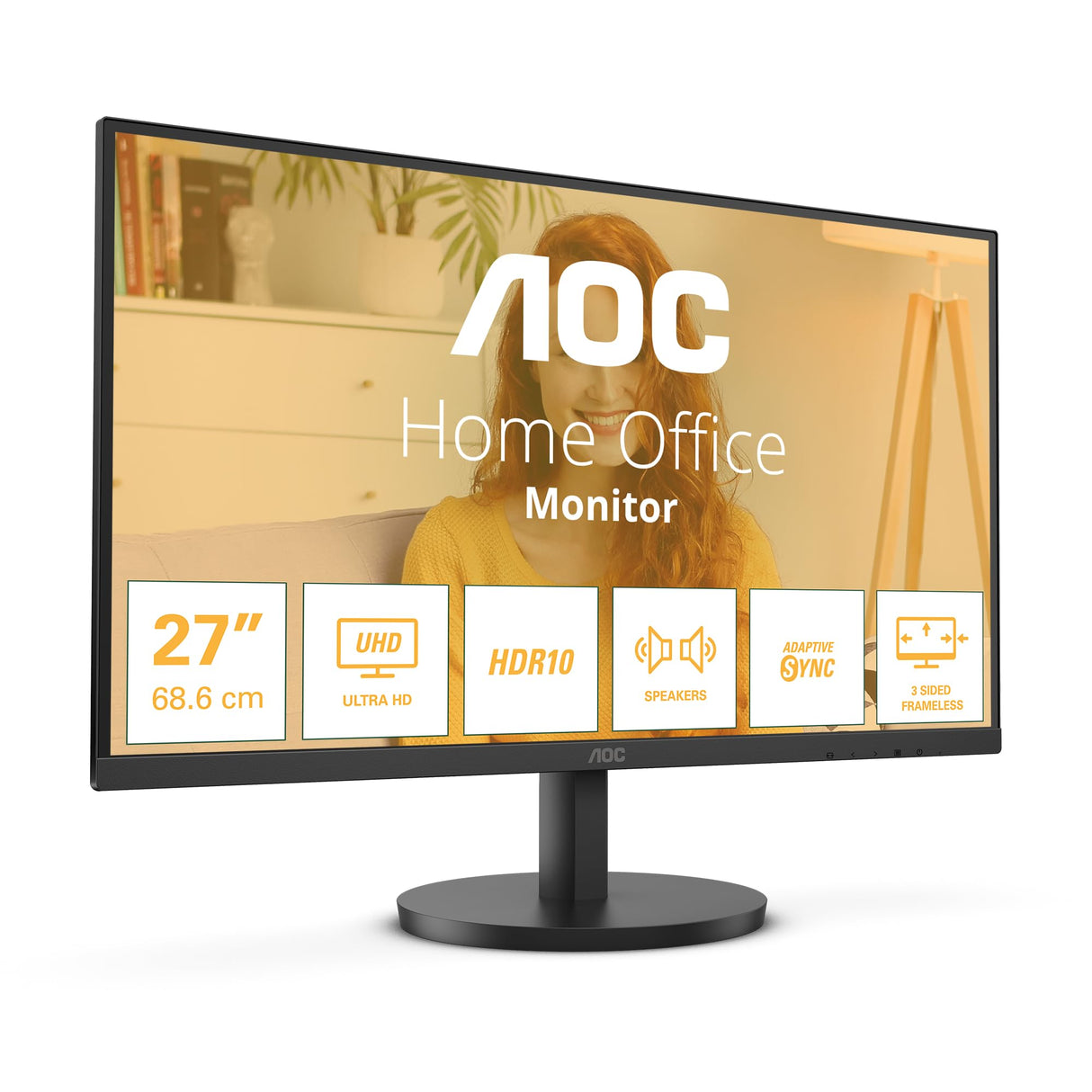 AOC U27B3A Monitor 27" UHD, WLED, 60Hz, IPS, 4 ms GtG, Adaptive Sync., Altavoces (3840x2160, 2X HDMI 2.0, 1x DP 1.4) Negro