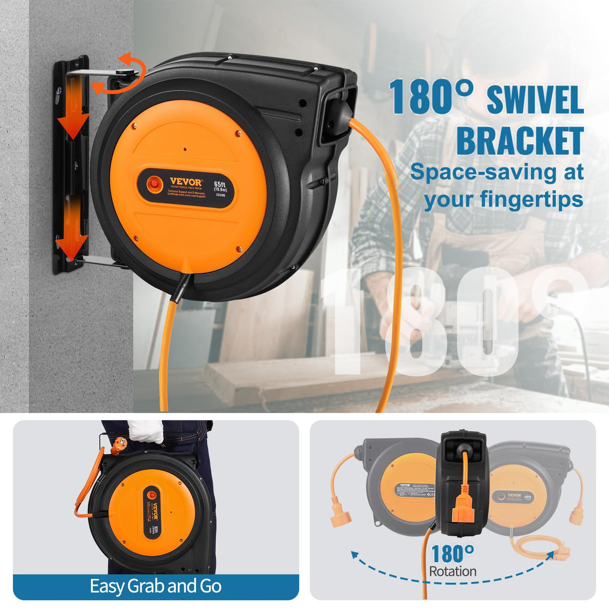 VEVOR Carrete de Cable de Extensión Retráctil 19 m 1600 W con Cable de Alimentación de 1 m Protección contra Sobrecalentamiento Carcasa de PP, Soporte Giratorio de 180° para Montaje en Techo, Pared