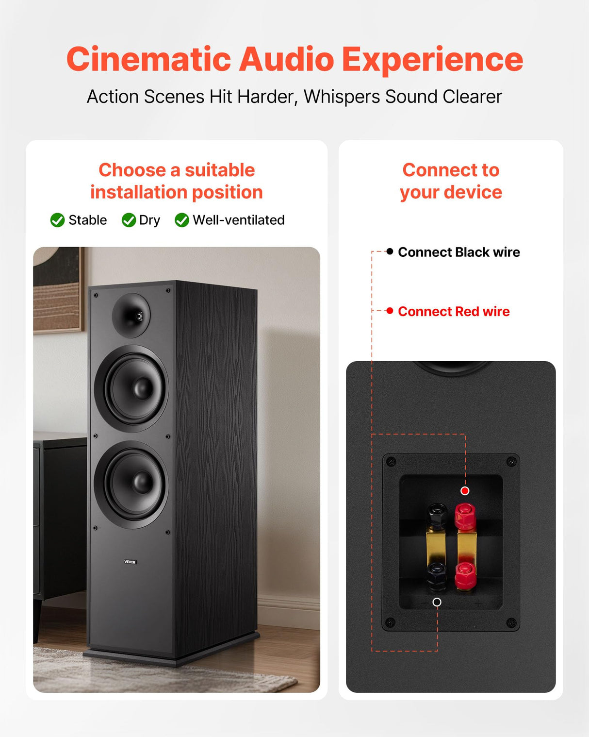 VEVOR Altavoz de Suelo de 2 Vías, con Tweeter de 2,54 cm y Dos Woofers de 20,32 cm, Potencia Máxima de 600 W, Respuesta de Frecuencia de 50 Hz a 20 kHz, Carcasa de MDF, para Audio Doméstico