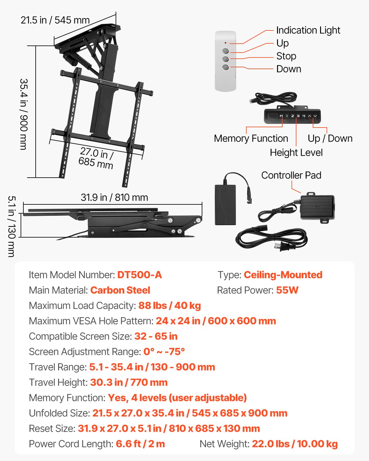 VEVOR Soporte para TV de Techo motorizado, Marco Soporte para TV Dimensiones de 813 a 1651 mm, Marco Porta televisión Plegable Ajustable con VESA máx. 60 x 60 cm, Carga máx. 40 kg