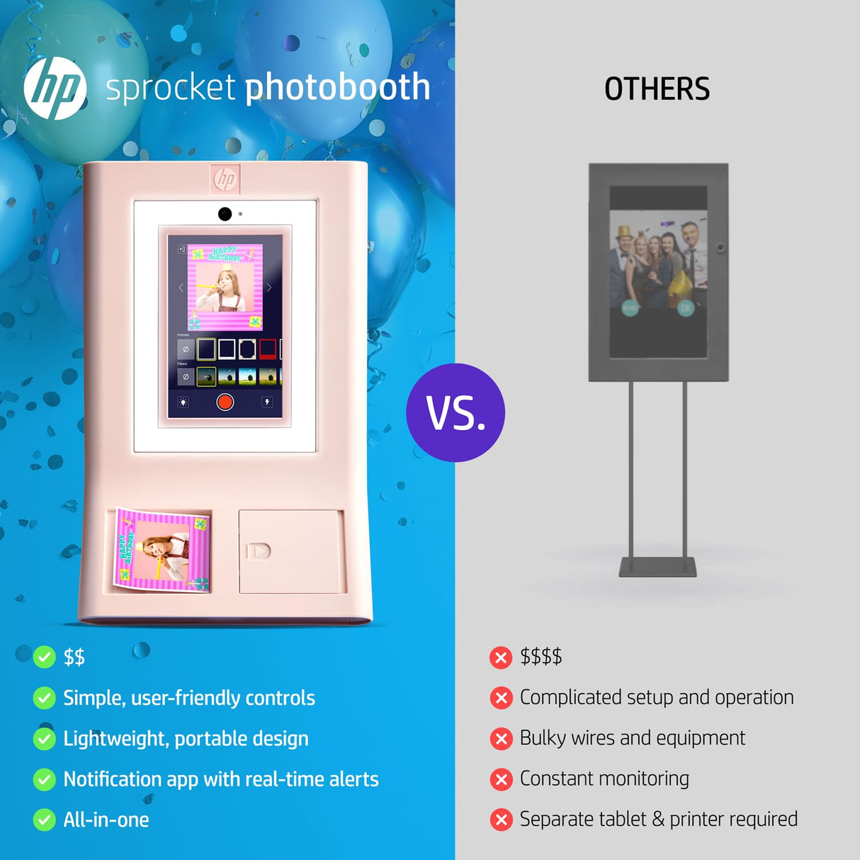 HP Sprocket Photobooth Impresora de Fotos 3x4” (Rosa) – 250+ Marcos, impresión en Papel Zink, Wi-Fi, luz LED, Pantalla táctil & App móvil.