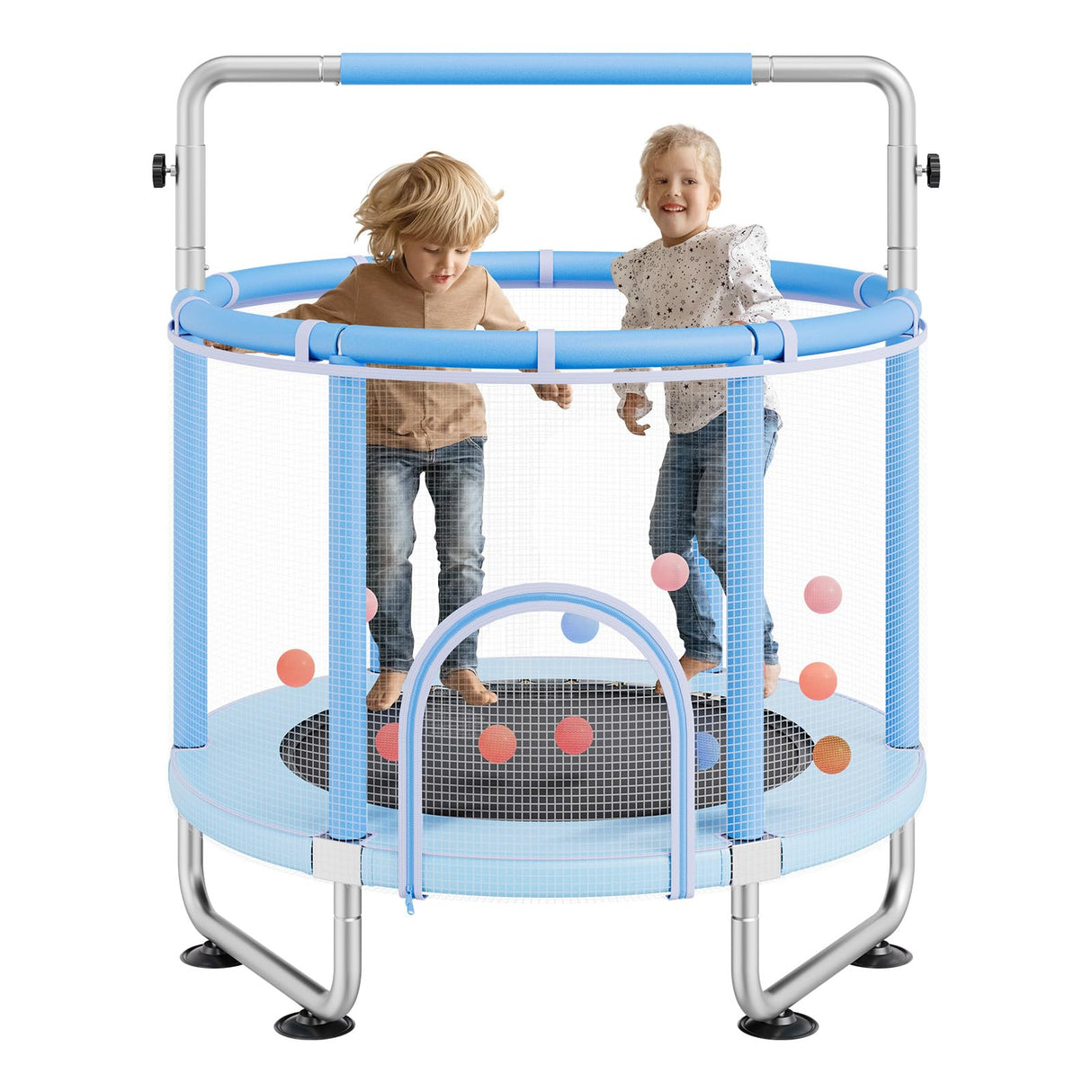 VEVOR Trampolín para Niños para Interior y Exterior, Minitrampolín Recreativo para Niños Pequeños con Red de Seguridad y Aro de Baloncesto, para Niños de Más de 3 Años, 1470 x (1540-1690) mm Azul