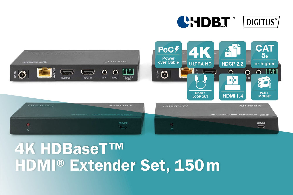 DIGITUS DS-55508 Extensor HDMI (HDBaseT) - UHD 4K/60 Hz - 120 m mediante cable LAN (HDBaseT 100 m) - Set: Emisor y Receptor - Loop-Out, IR Infrarrojos, Audio, RS232 - HDCP 2.2/1.4 & HDBaseT 1.0