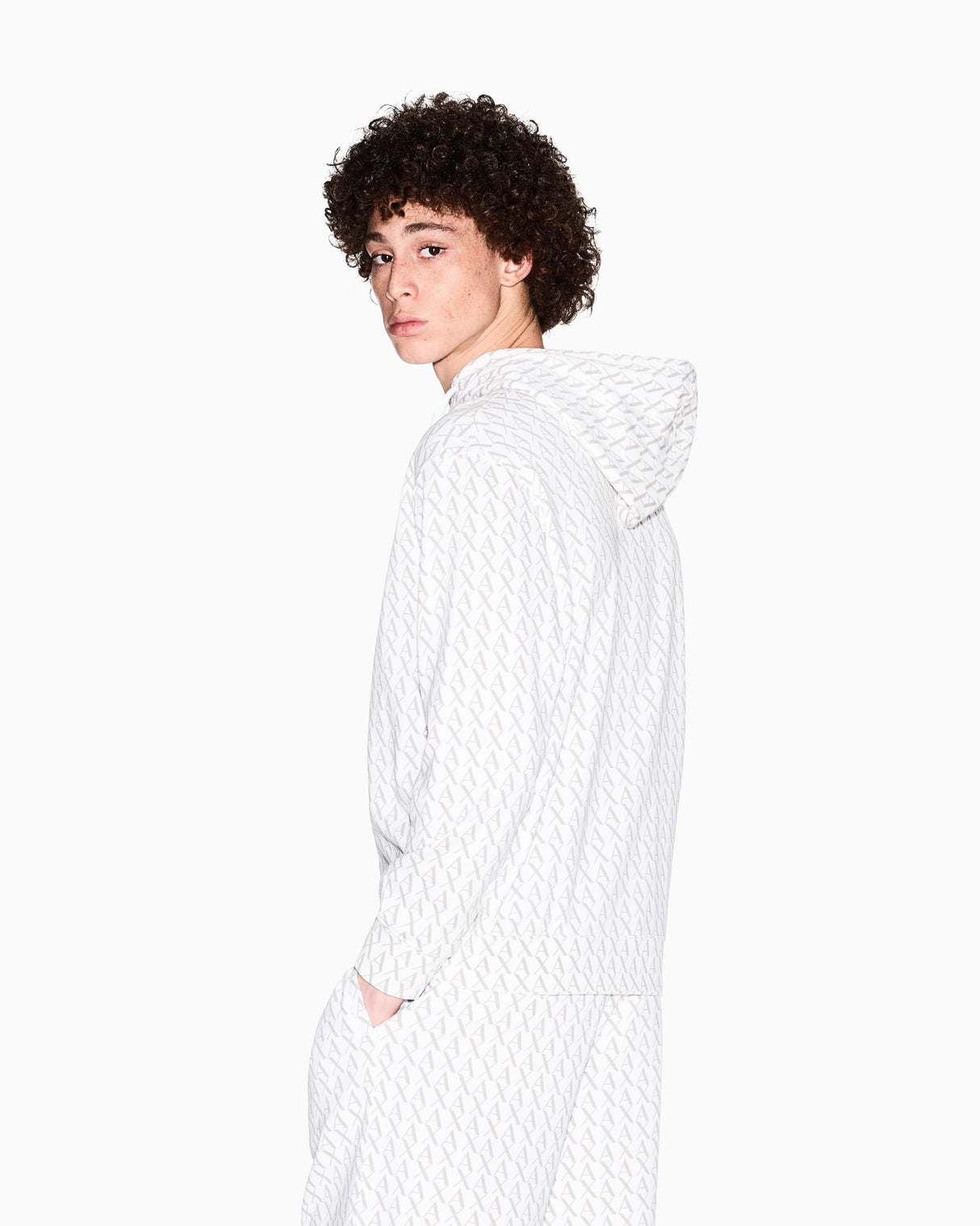 Armani Exchange Essential, All Over Logo Sudadera con Capucha, Off White/Ash Allover, L para Hombre