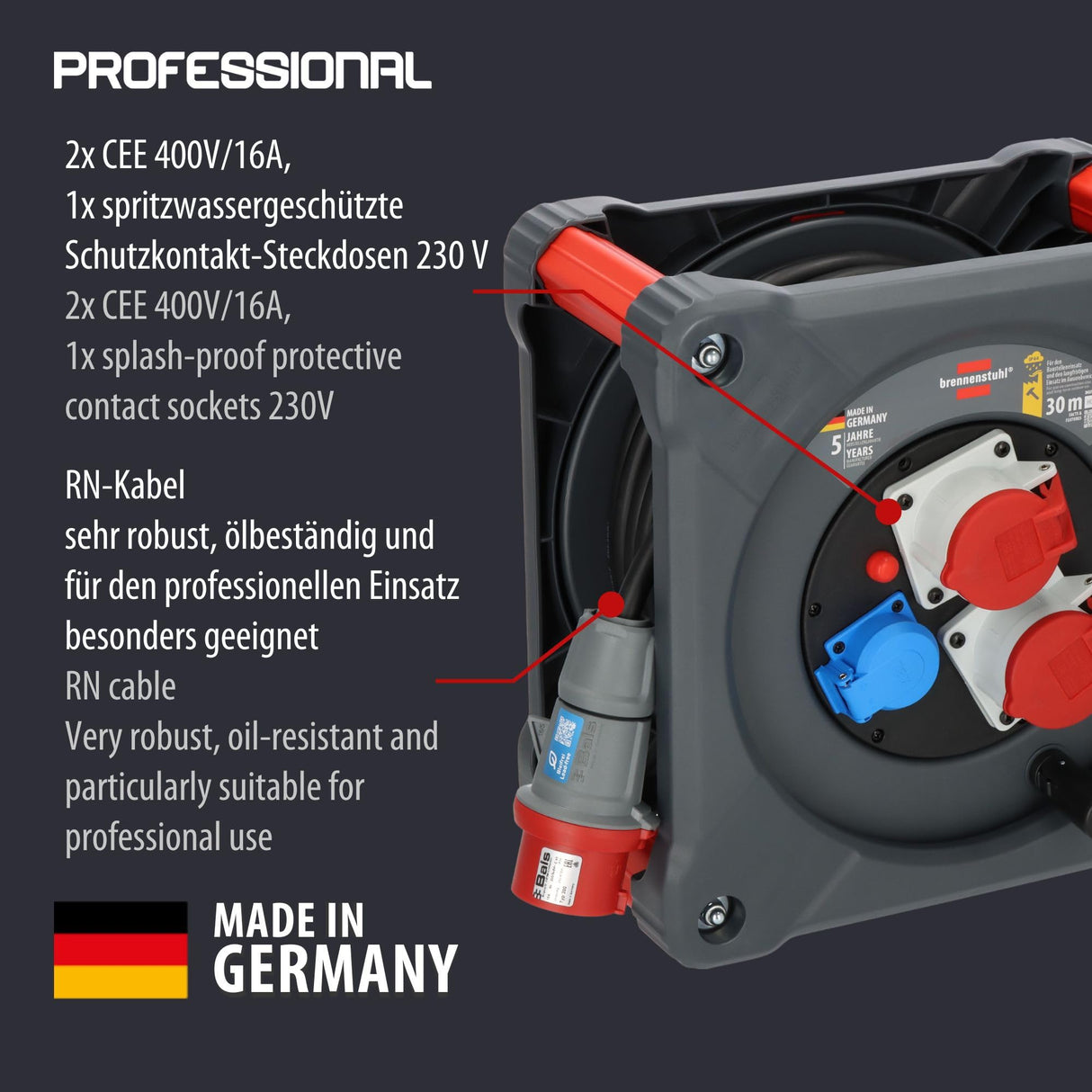 Brennenstuhl Carrete de cable de construcción profesional KD 3200 C7 con enchufe CEE, 2 enchufes CEE y 1 toma de corriente con conexión a tierra (cable de 30 m en negro, exterior permanente, fabricado