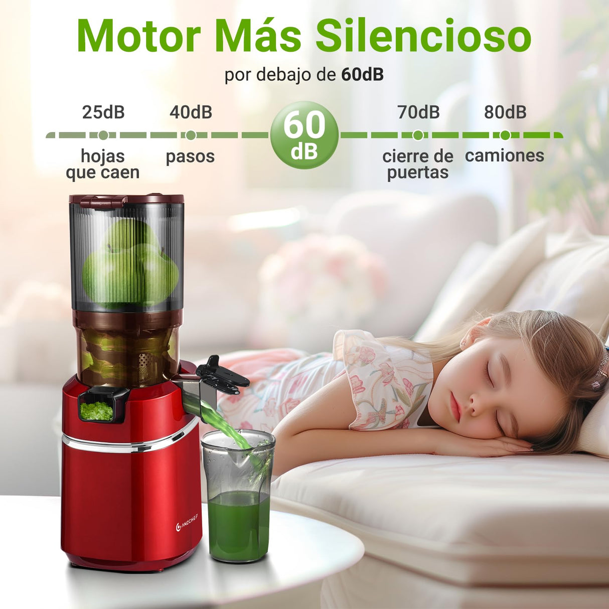 AMZCHEF Extractor de Zumos y Verduras Automático, 135MM Apertura y 1.8L Capacidad Licuadora para Verduras y Frutas Entera, 250W Licuadora Prensado en Frio Lento con Triple Filtro - Rojo