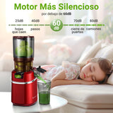 AMZCHEF Extractor de Zumos y Verduras Automático, 135MM Apertura y 1.8L Capacidad Licuadora para Verduras y Frutas Entera, 250W Licuadora Prensado en Frio Lento con Triple Filtro - Rojo