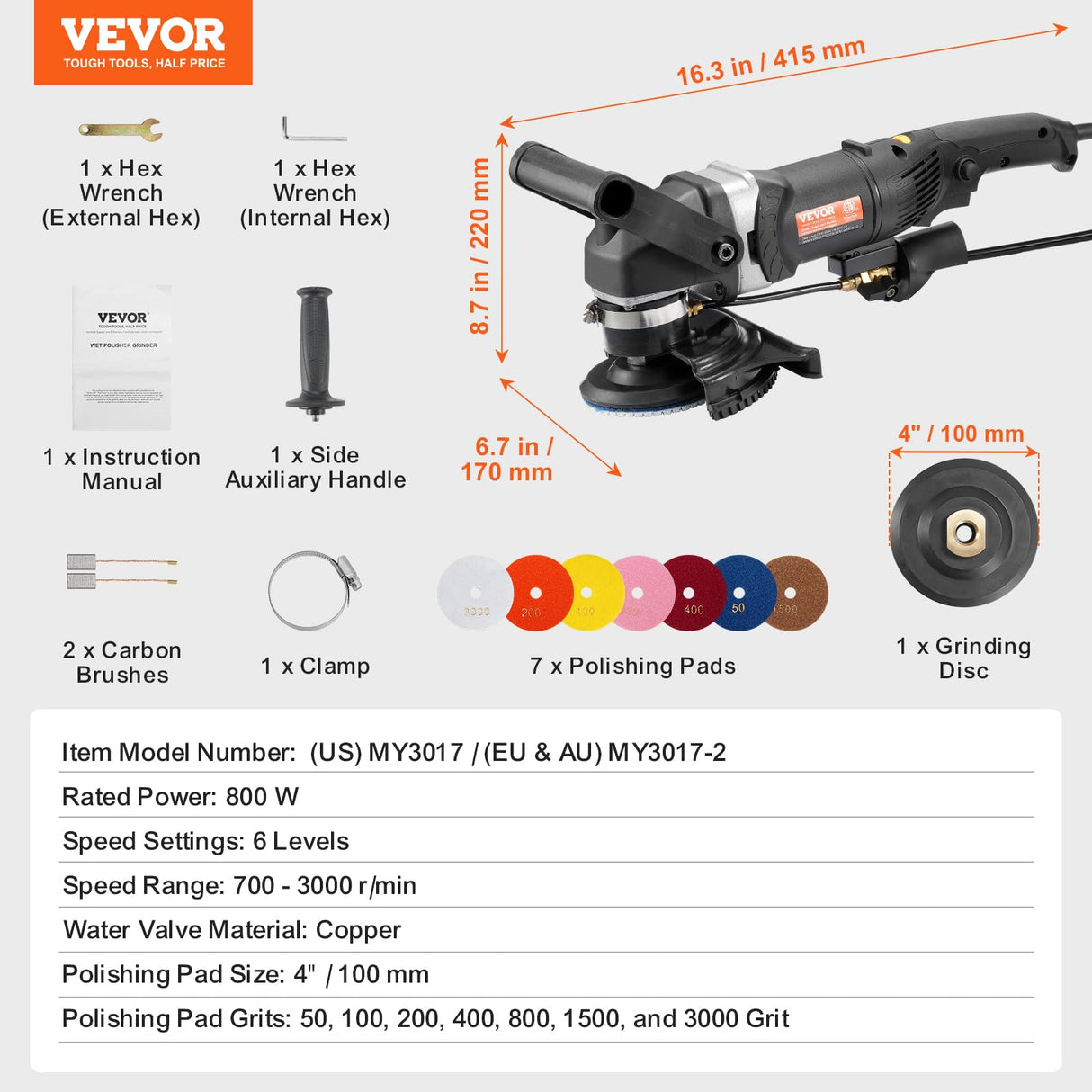 VEVOR Pulidora Húmeda de 800 W con 6 Velocidades Variables y 7 Kits de Pulido, para Mármol, Granito, Piedra, Roca, Baldosas, Equipada con un Interruptor GFCI(700-3000 RPM), 415 x 170 x 220 mm