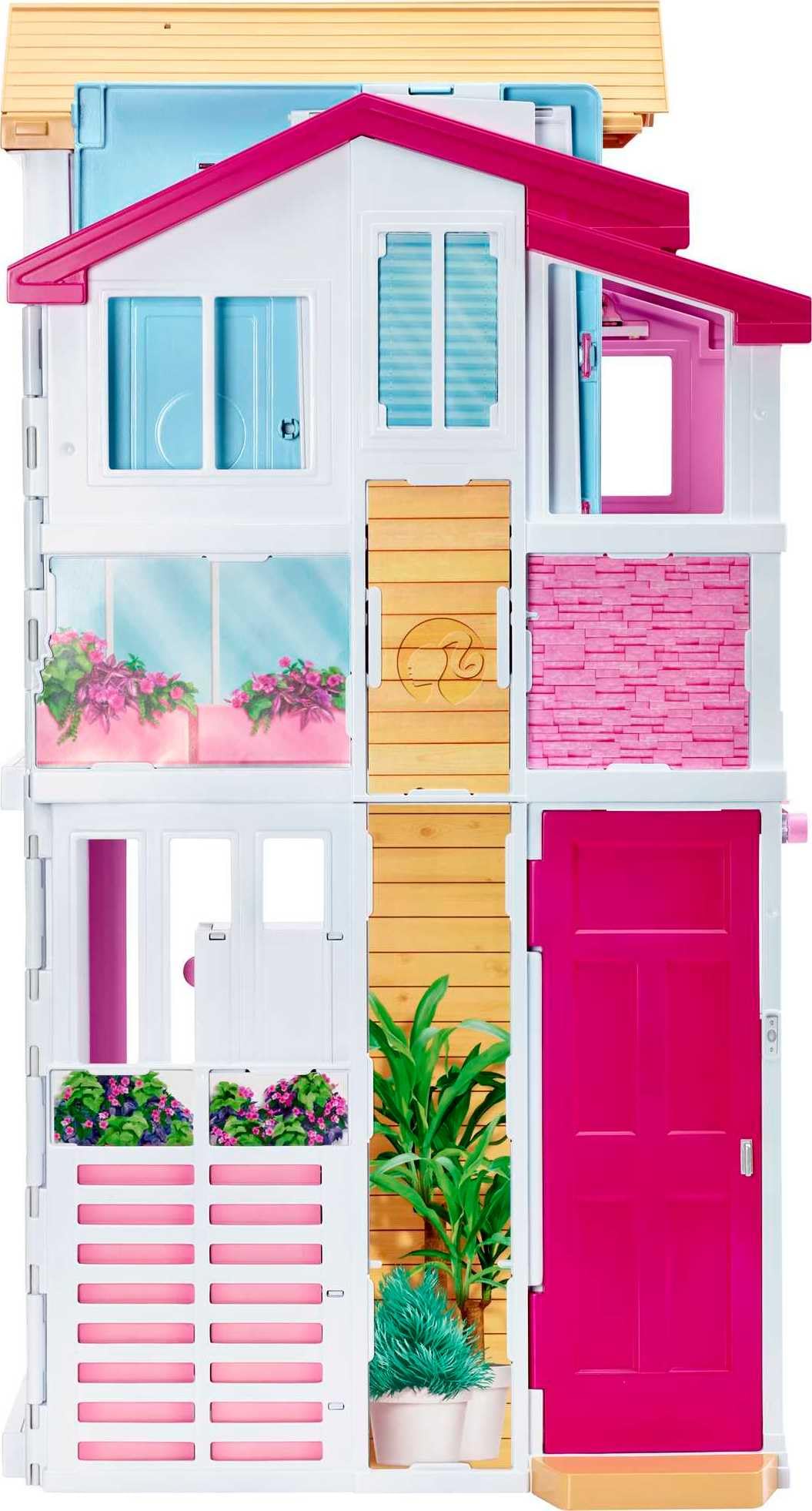 Barbie Supercasa, casa de muñecas con Accesorios , con Cuatro Habitaciones, terraza en la azotea, Detalles realistas, Piscina y Muebles, DLY32