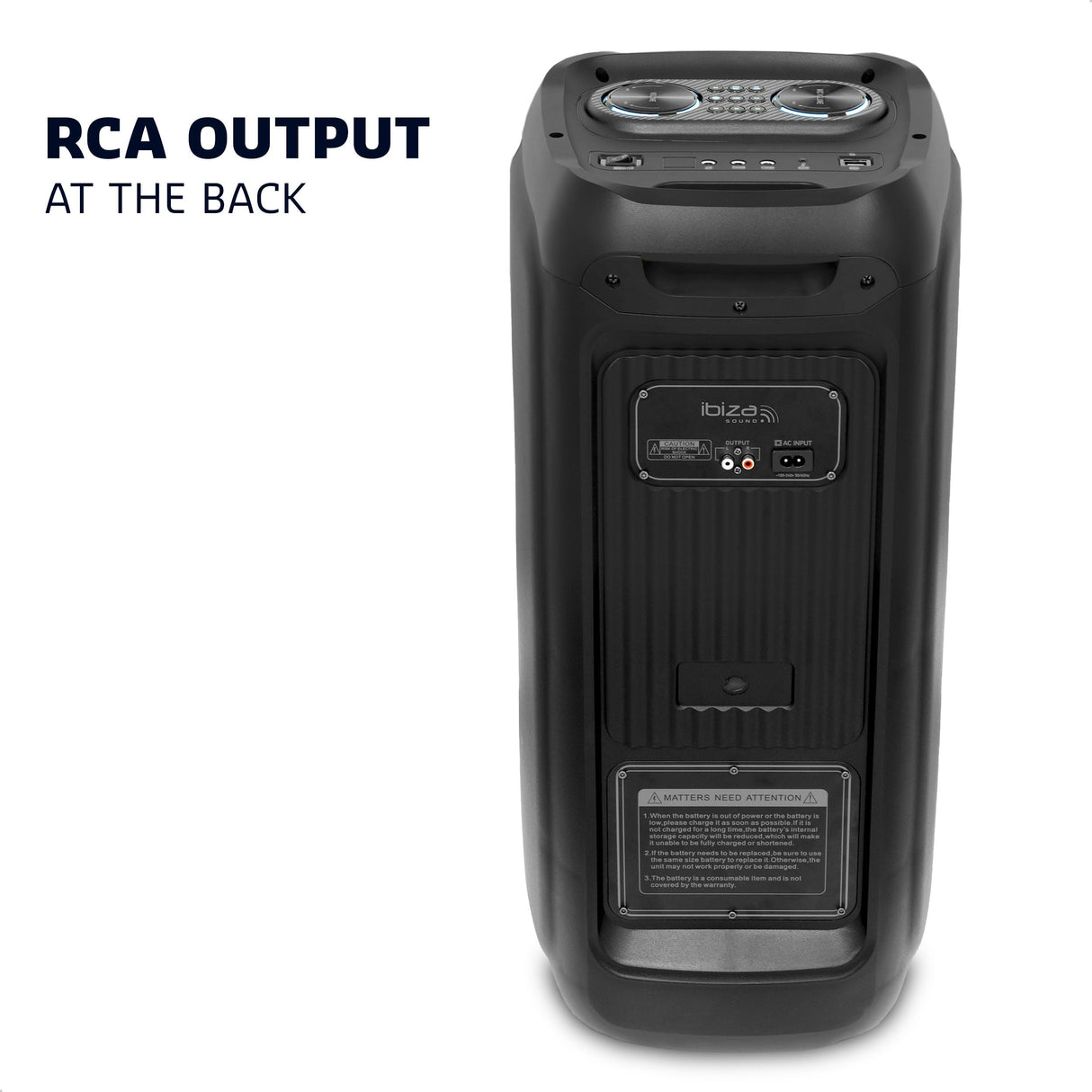 Ibiza - COLUMBA800 - Potente Altavoz 2x8/20cm con batería Recargable - Bluetooth, Micro-SD, USB, Aux, 2 Mic IN, 1 GT IN, RCA out - TWS - LED Multicolor Infinito - Mango