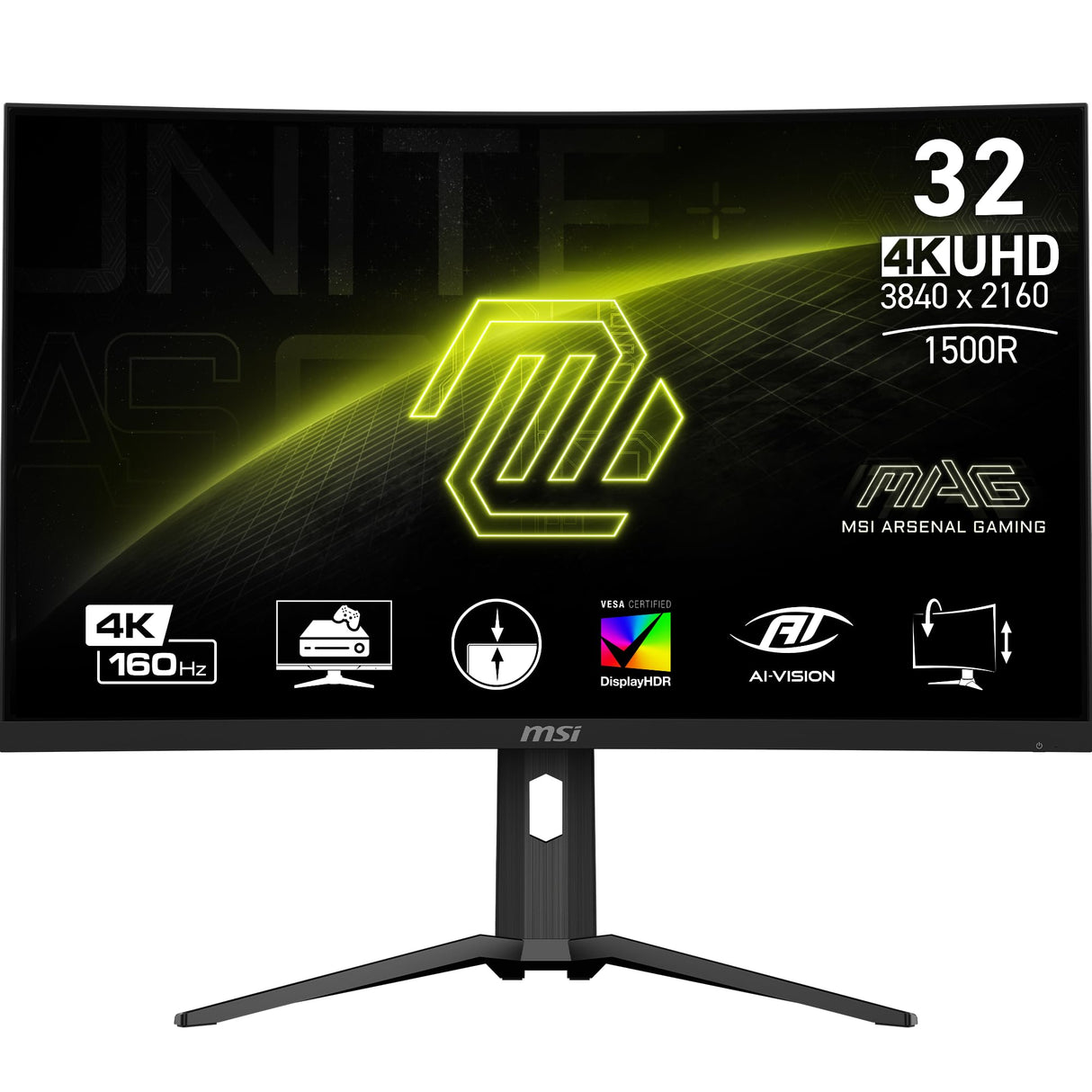 MSI mag 321CUP Monitor Gaming Curvo UHD de 31,5", 1500R 3840 x 2160 VA Panel, 160Hz / 1ms, Adaptive-Sync, DP 1.4a, USB Type-C (DP alt., c/ 15W PD), HDMI 2.1 CEC