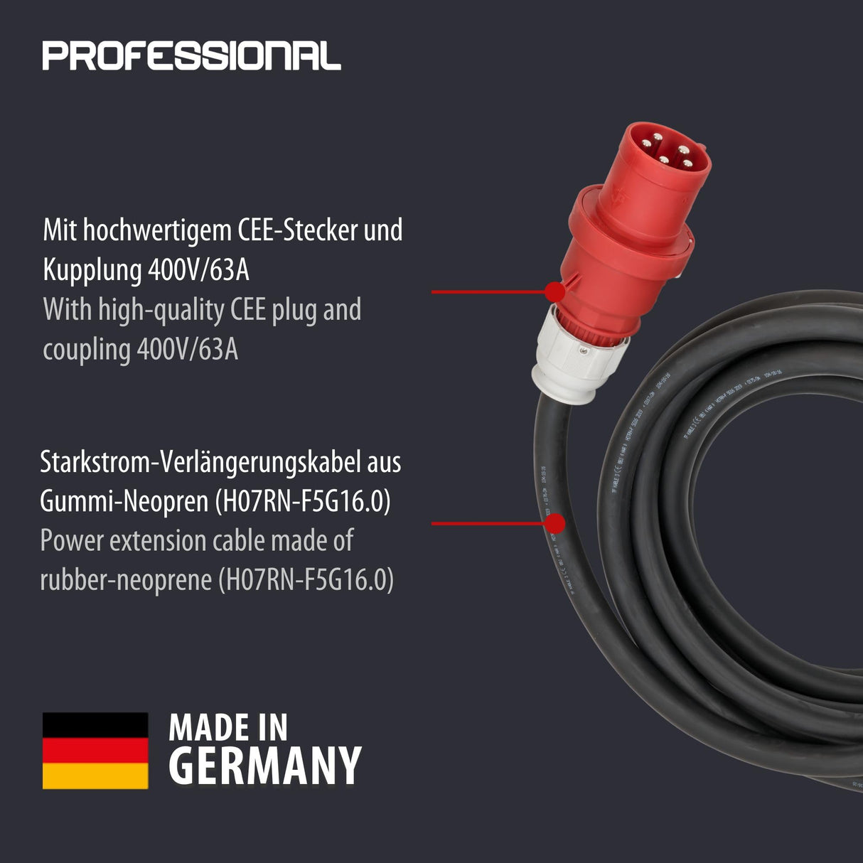 Brennenstuhl Professional Cable alargador CEE IP44 (Cable de 10m, Enchufe y Acoplamiento CEE, CEE 400V/63A, para Obras y Trabajo con Alta tensión, Fabricado en Alemania)
