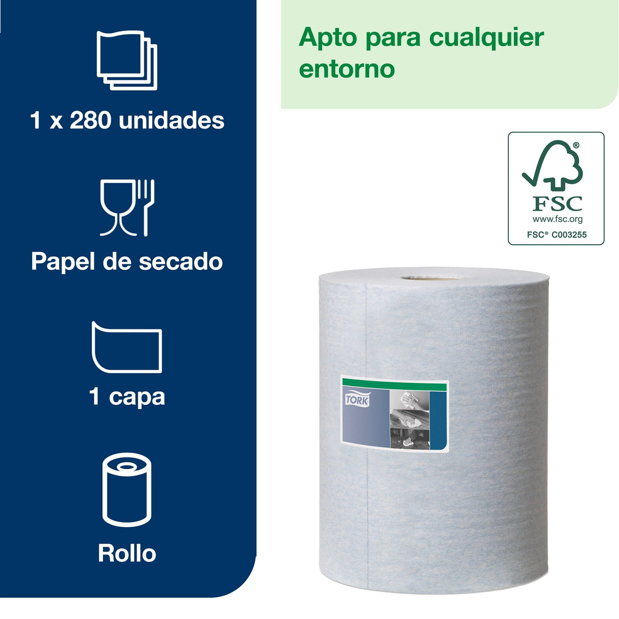 Tork 530237 Paño de limpieza industrial ultrarresistente Premium / 1 capa/Papel multiuso compatible con los sistemas W1, W2 y W3 / 1 bobina x 60,8 m de largo/color azul