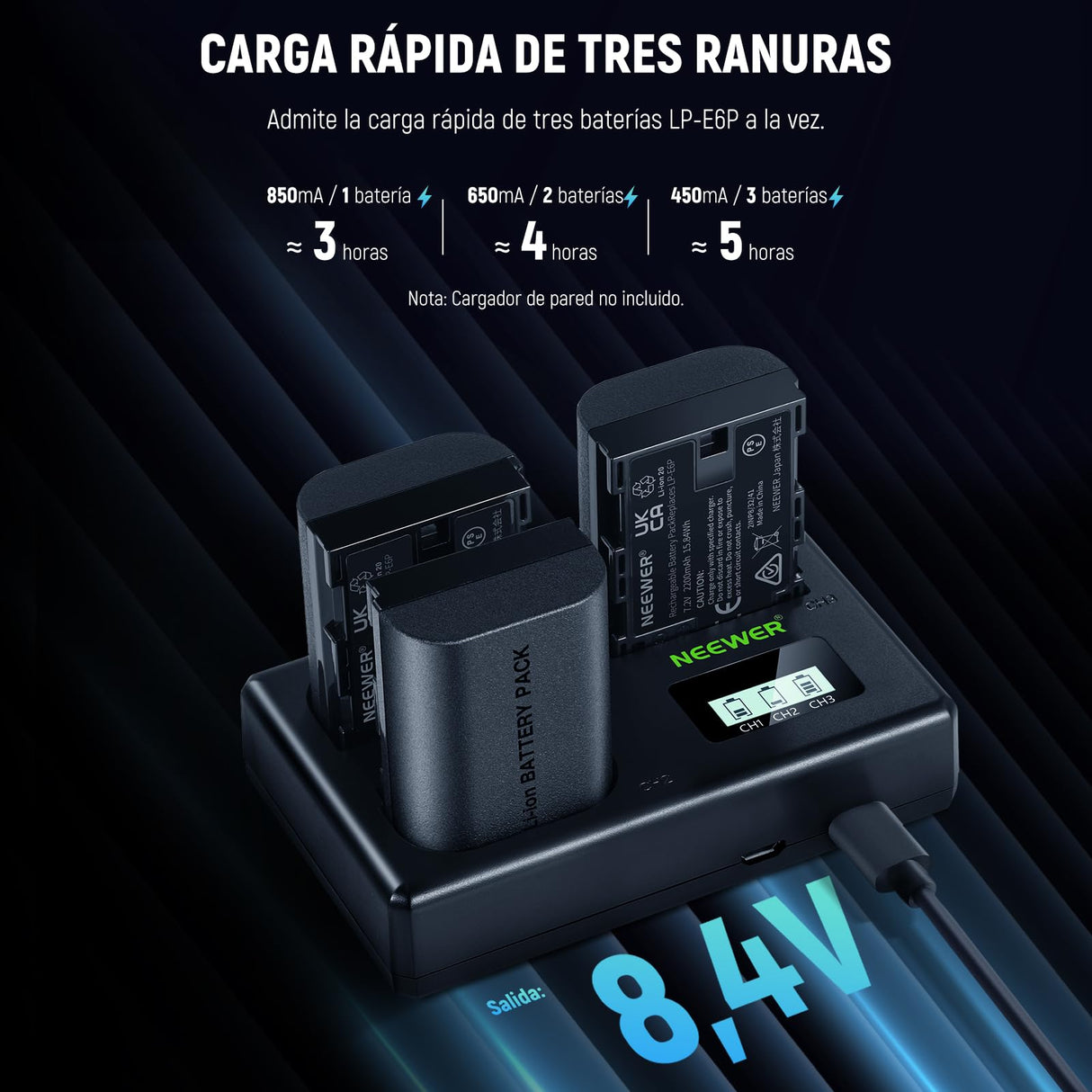 NEEWER Paquete de 3 2200mAh LP-E6P/LP-E6NH/LP-E6N Baterías Repuesto & Cargador Triple USB,Compatible con Canon EOS R5 Mark II EOS R5 EOS R6 EOS R7 EOS R 5D II III IV 6D 6D II 7D 7D II 60D 70D 80D 90D