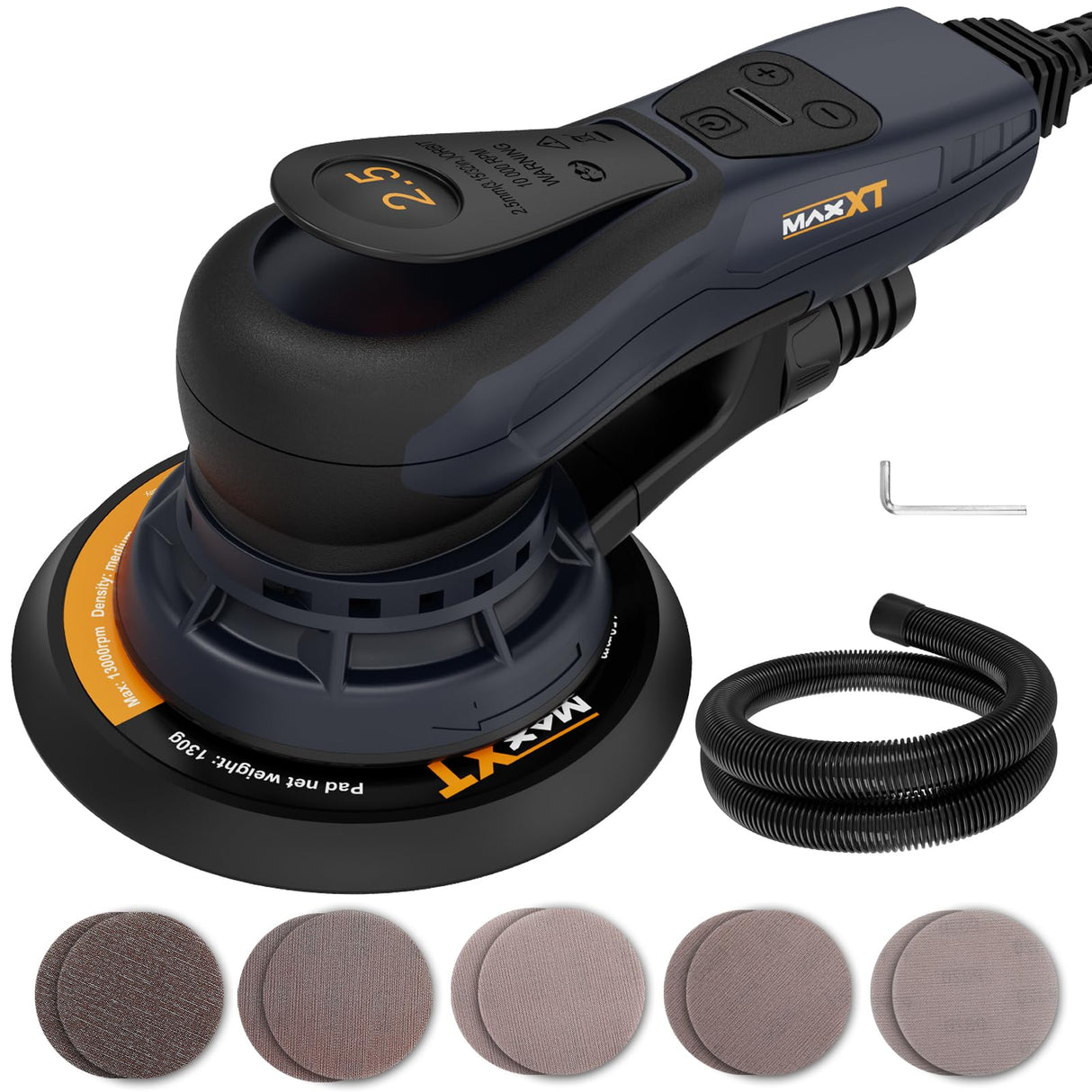 Lijadora orbital 2,5 mm sin escobillas 350W MAXXT, Lijadora electrica 150mm 4000-10000RPM-(6 velocidades ajustables) Freno automático-2s, conexión de tres núcleos y 10 hojas de papel de lija