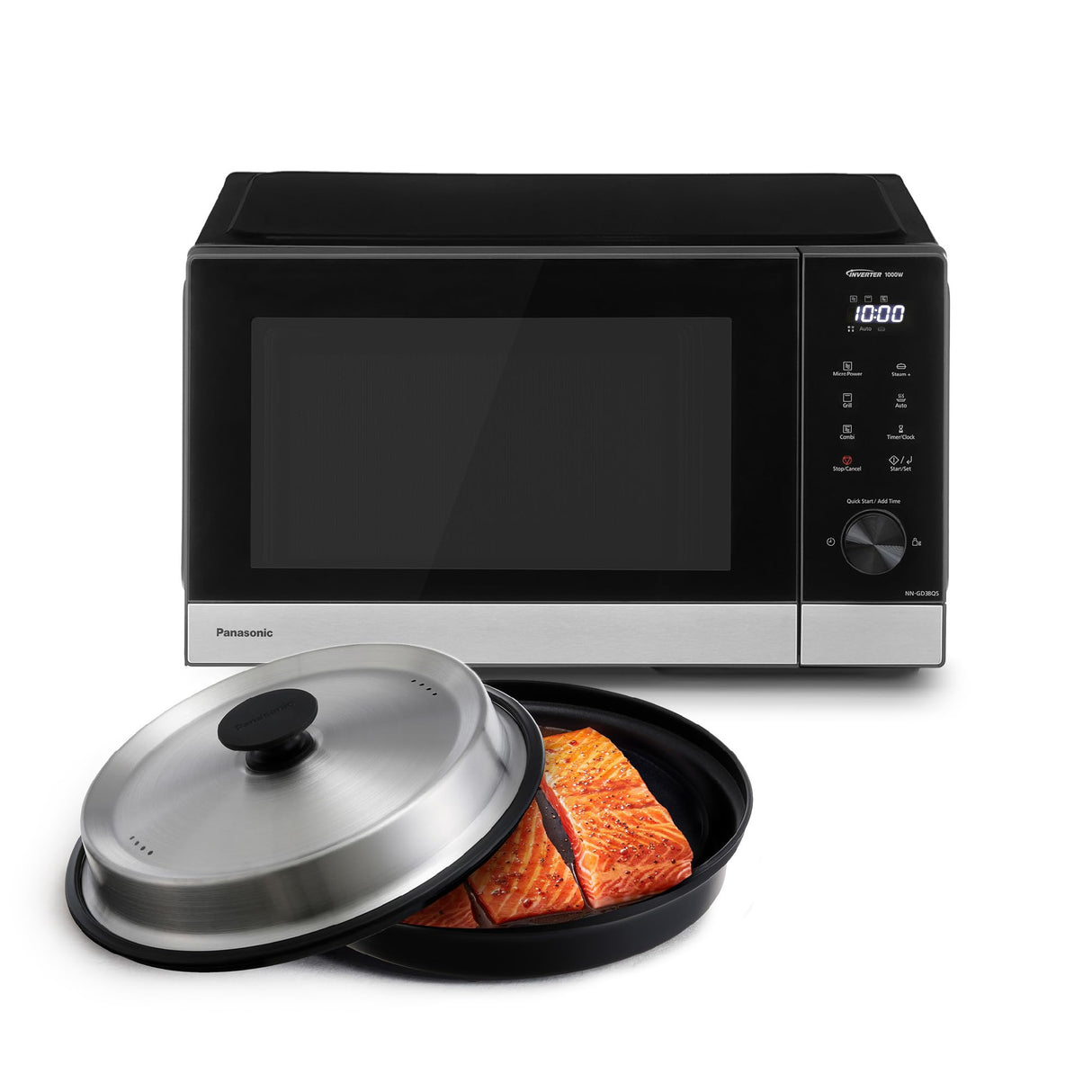 Panasonic NN-GD39QSEPG 29L Horno microondas parrilla de acero inoxidable con plato de vapor, 1000W, descongelación automática, rueda y accesorios