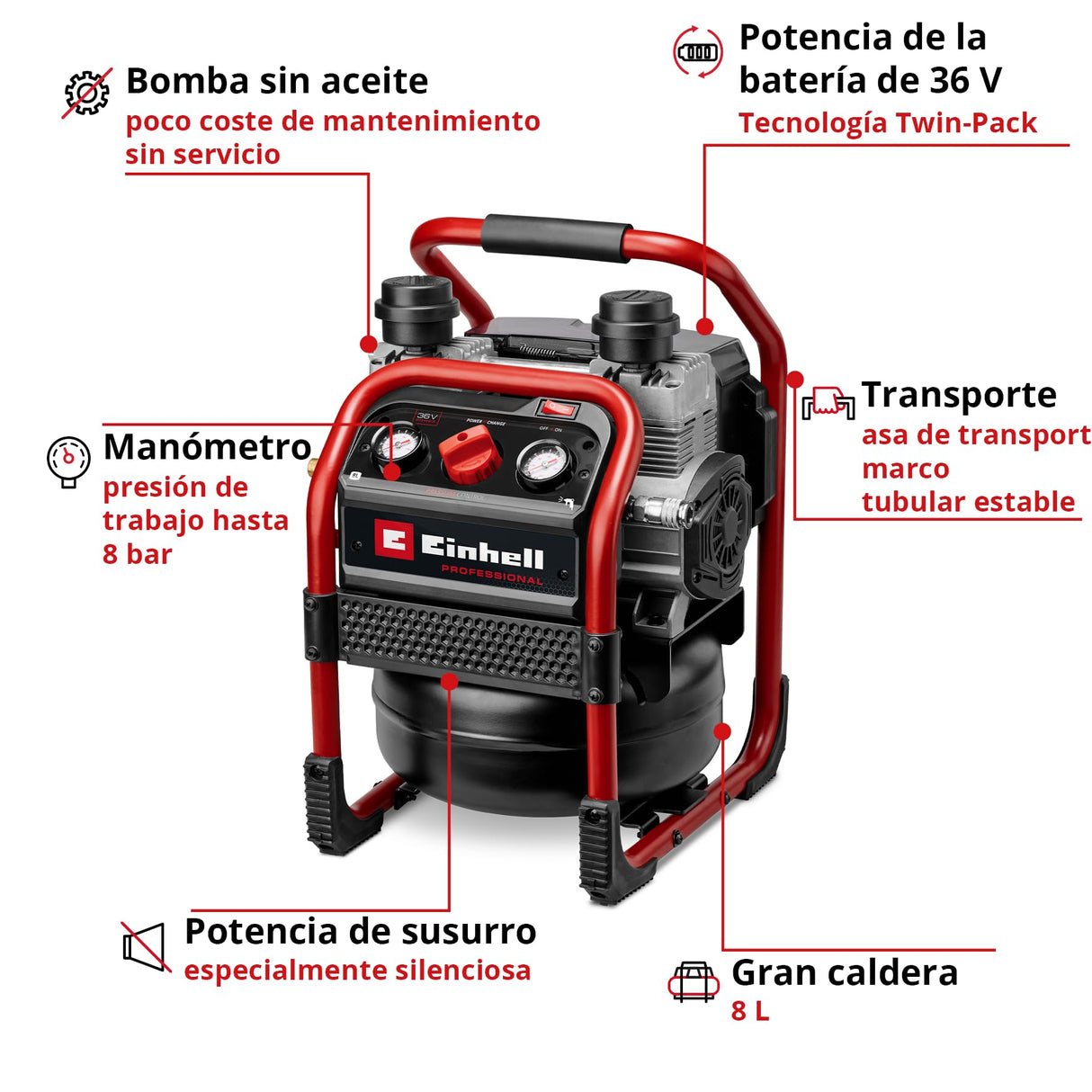 Einhell Professional Compresor con batería SILENZZO 36/210 Power X-Change (36 V, máx. 8 bar, depósito de 8 l, potencia de aspiración 210 l/min, manómetro, sin aceite, silencioso, sin batería)