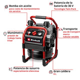 Einhell Professional Compresor con batería SILENZZO 36/210 Power X-Change (36 V, máx. 8 bar, depósito de 8 l, potencia de aspiración 210 l/min, manómetro, sin aceite, silencioso, sin batería)