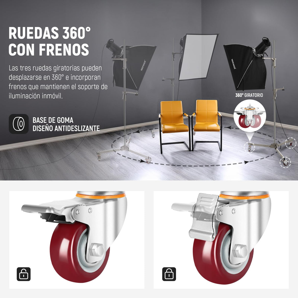 NEEWER Soporte de luz de Acero Inoxidable de 198 cm, Soporte de trípode Resistente con Ruedas giratorias, 2 Brazos deslizantes con Agarre de Pistola, Pata Plegable para fotografía, Caja de luz