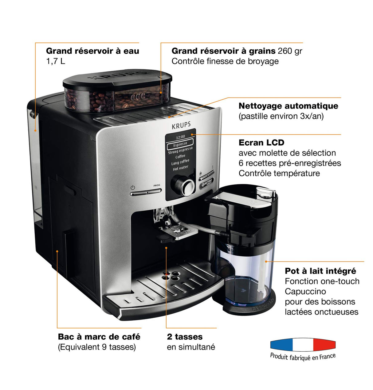 KRUPS Espresseria Latt, Tanque 1,7 L, 1450 W, Cafetera de grano de acero, Trituradora, Cappuccino de un solo toque, Limpieza automática, Presión de 15 bares, Hecho en Francia YY4201FD