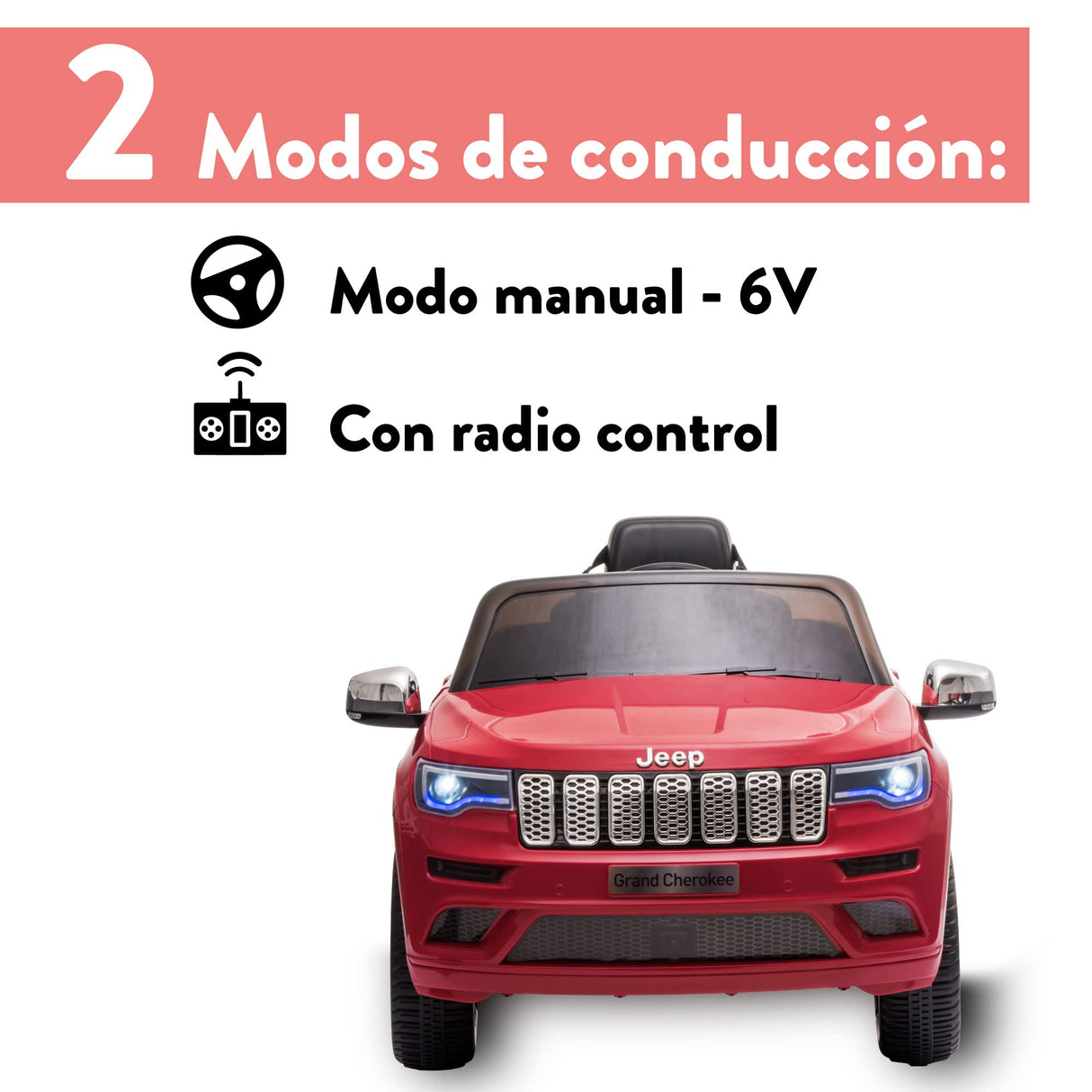 FEBER Jeep Cherokee Rojo 12V, Coche eléctrico, 1 Plaza, radiocontrol: Faros con luz, 2 Marchas, Acelerador y Freno eléctrico, de 3 a 8 años, Famosa (800013450)