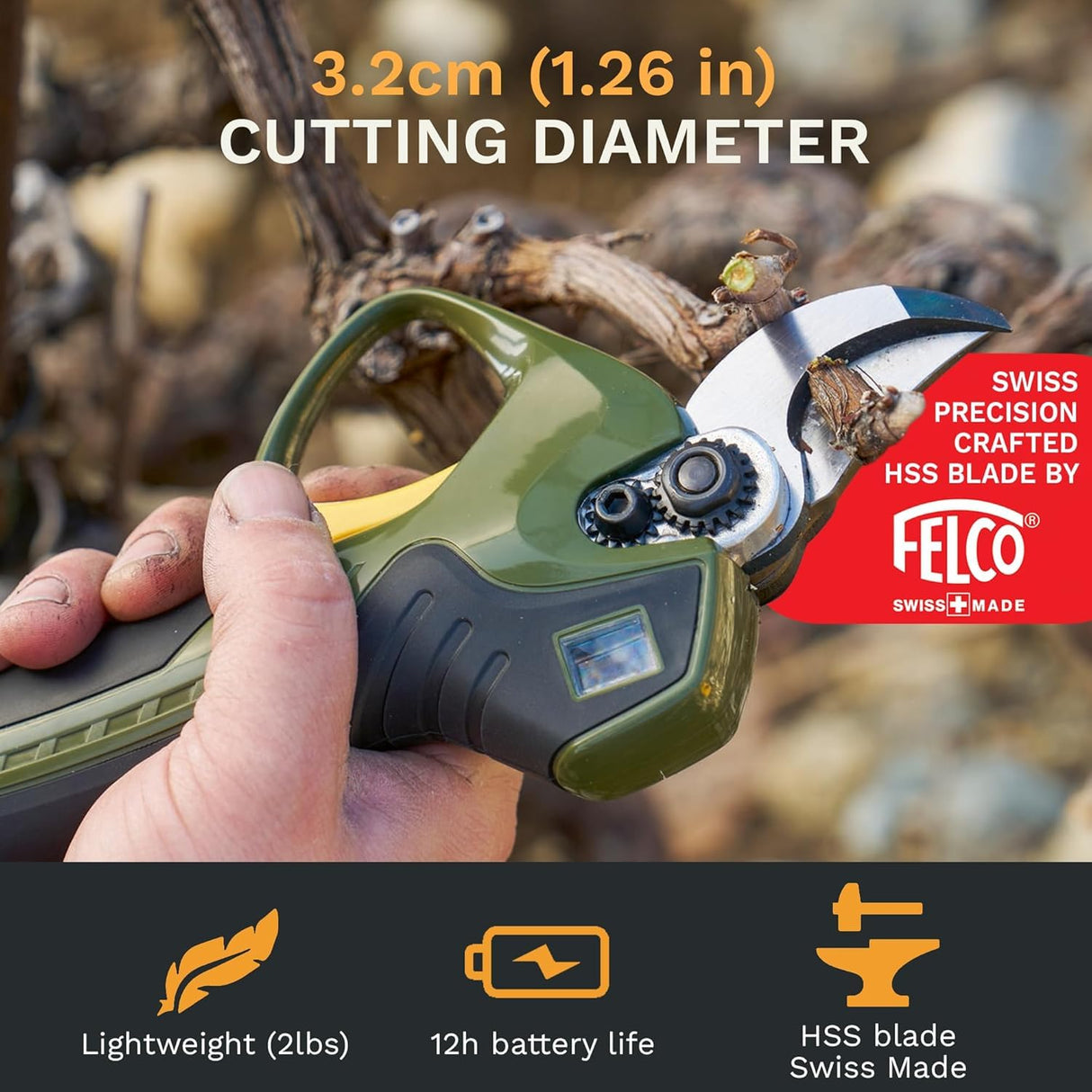 ALPEN Wildhorn 32 - Tijeras de podar eléctricas, diámetro de 32 mm, hoja FELCO HSS, pantalla LCD, 1 batería, juego profesional con maletín de accesorios, calidad suiza para cortes precisos