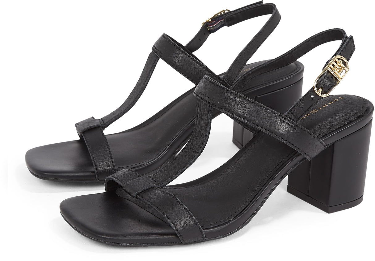 Tommy Hilfiger Sandalias Mujer Leather Block Heel con tacón, Negro (Black), 36