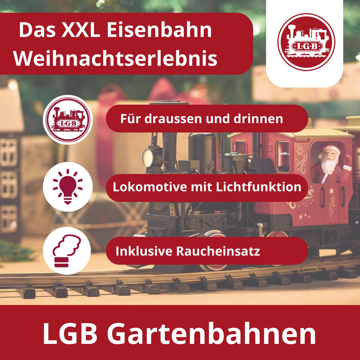LGB – 70308 Gartenbahn Starter Set de Tren de Navidad con Locomotora y Dos vagones, ferrocarril al Aire Libre, Carril G