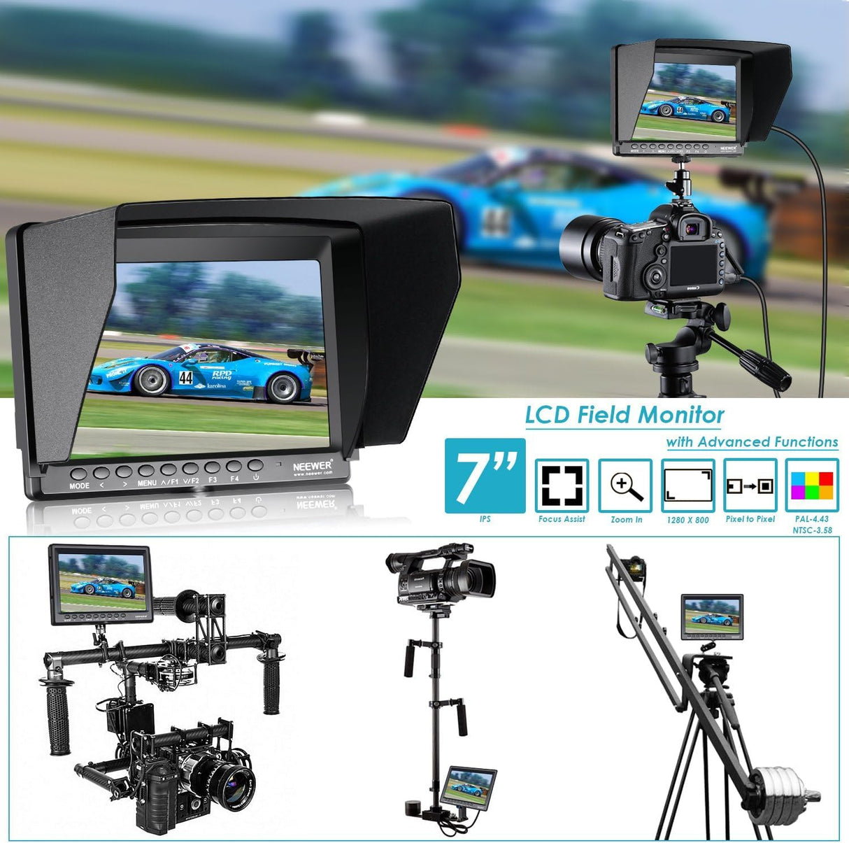 Neewer F100 7" 1280x800 IPS Pantalla Monitor de Campo de Cámara Soporte 4k Entrada Video HDMI para DSLR Cámara sin Espejo Sony A7S II A6500 Panasonic GH5 Canon 5D Mark IV y más (Batería no incluida)