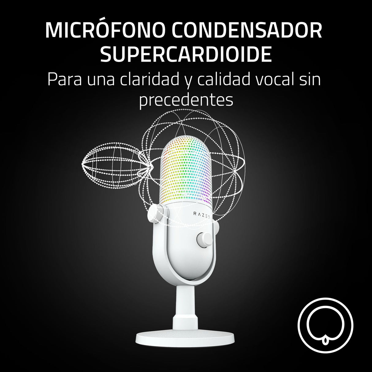 Razer Seiren V3 Chroma - Micrófono USB RGB - Micrófono de Condensador supercardioide con Tap-to-Mute (iluminación reactiva, limitador de Ganancia Digital y Amortiguador Integrado) Blanco