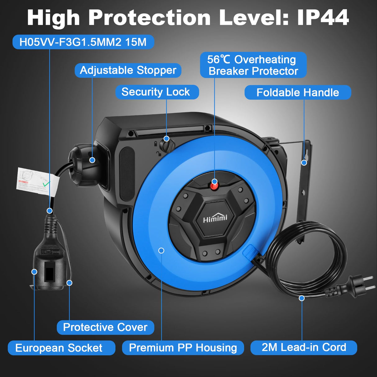 Enrollador de cable automático con soporte profesional 15 m + 2m| Enrollador retráctil montado pared y techo | 1500 W ~ 3000 W| carretes de cable automática | Giratorio 180° | Nivel de protección IP44