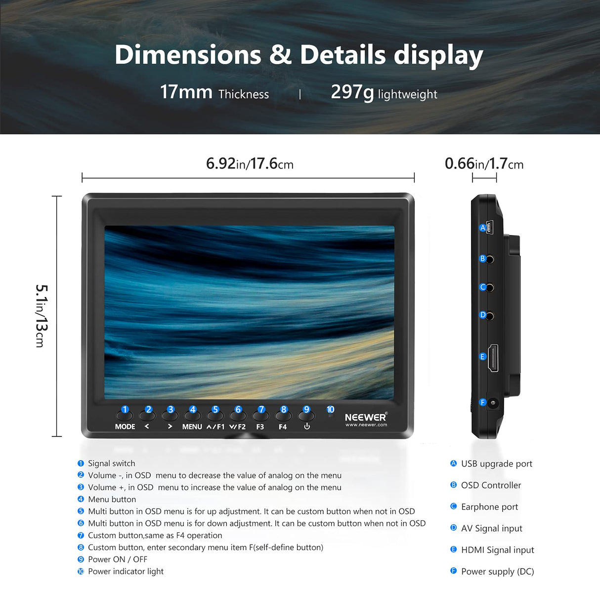 NEEWER F100 7 Pulgadas Monitor de Campo de Cámara HD Asistente de Video Delgado IPS 1280x800 4K Entrada HDMI 1080p con 2600 mAh Li-ion Catería/Cargador USB, Estuche de Transporte para Cámaras DSLR