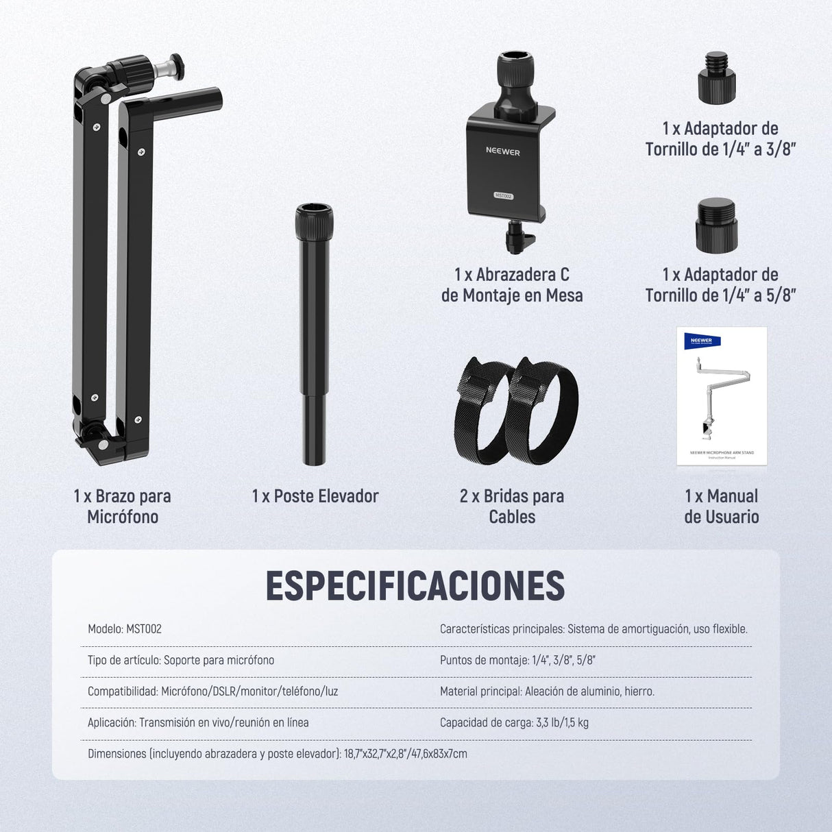 NEEWER Soporte Escritorio con Mic Brazo Perfil Bajo con Amortiguación, 360° Brazos Articulados Giratorios con Poste Elevado y Canales Gestión Cables para Micrófono, Podcast, Streaming, Zoom, MST002