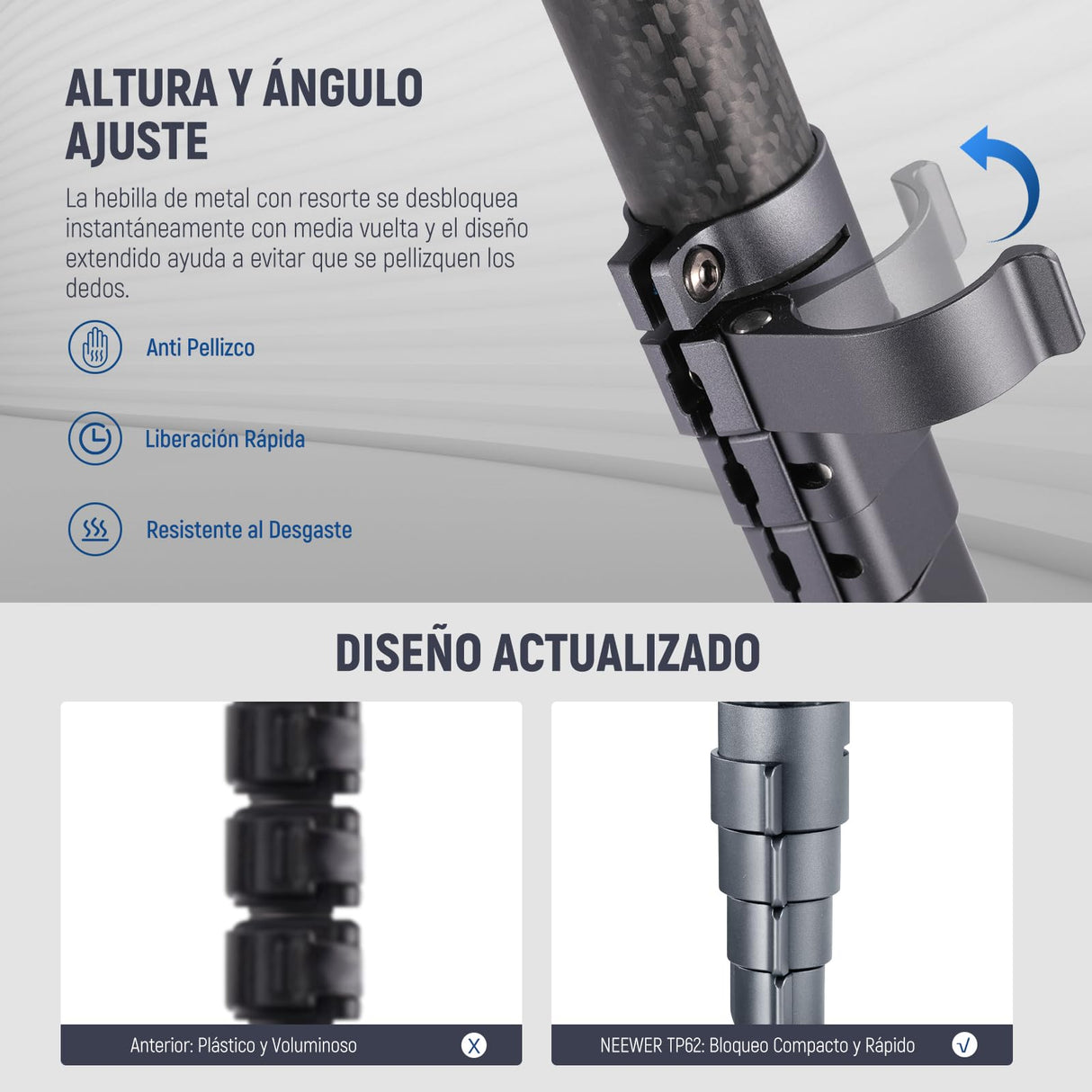 NEEWER LITETRIP LT32 62" Trípode de Viaje de Fibra Carbono con Base Niveladora de ±15°, Eje Central Desmontable, Hebilla de Giro Rápido, Placa QR Tipo Arca Compatible con Peak Design Capture V3