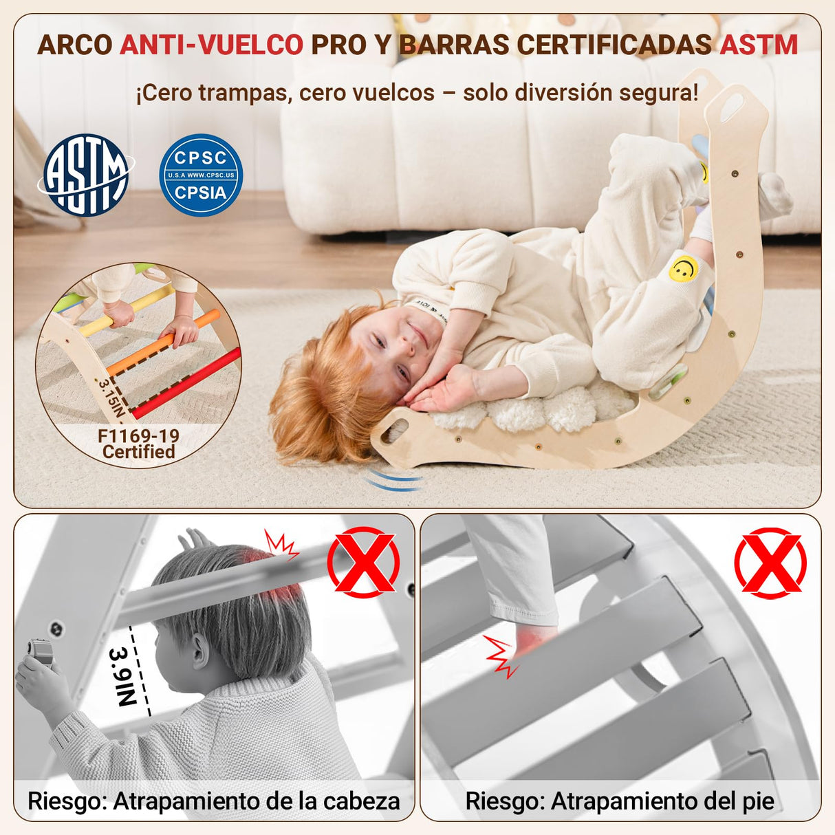 COSYLAND 8 en 1 Triángulo de Escalada Montessori con Arco y Rampa, Set Plegable Infantil, Juguete de Madera Resistente para Interior, Niños 18 Meses-6 años, Colores Arcoíris, Mediano