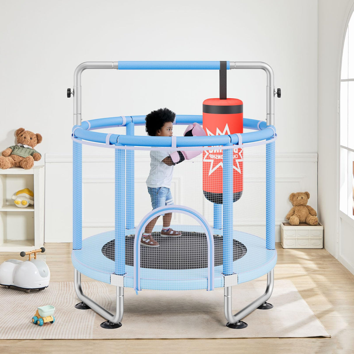 VEVOR Trampolín para Niños para Interior y Exterior, Minitrampolín Recreativo para Niños Pequeños con Red de Seguridad y Aro de Baloncesto, para Niños de Más de 3 Años, 1470 x (1540-1690) mm Azul