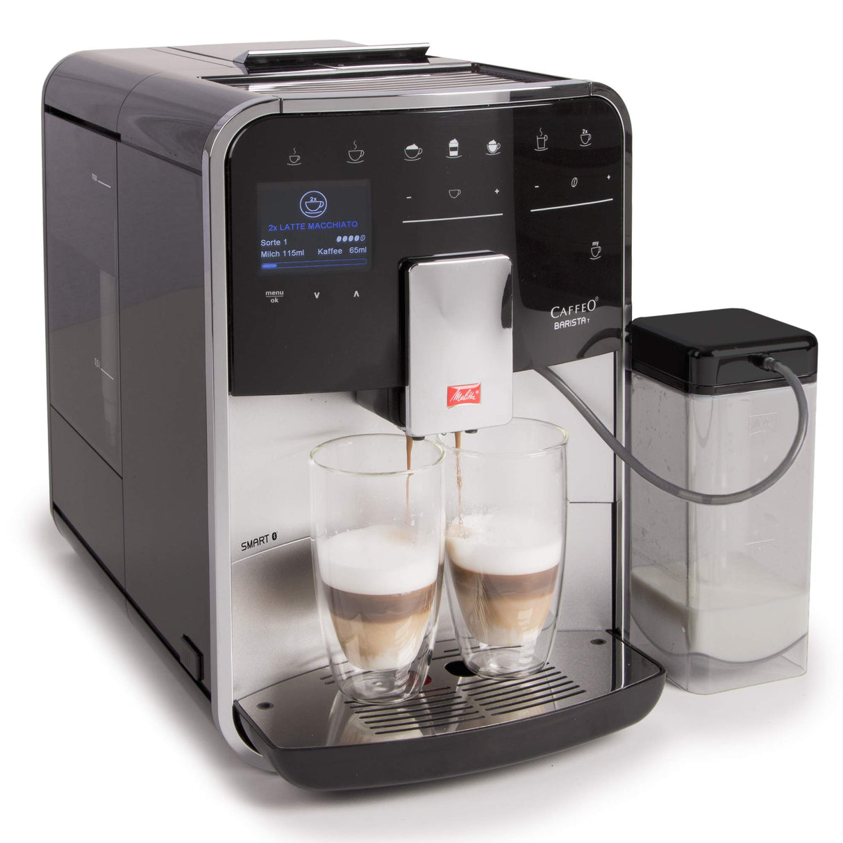 Melitta Barista T Smart F831-101, Cafetera Superautomática con Molinillo Silencioso, App Connect, Pantalla Táctil, 18 Recetas, 15 Bares, 1450 W, 1.8 litros, Acero inoxidable, Plata/Negro